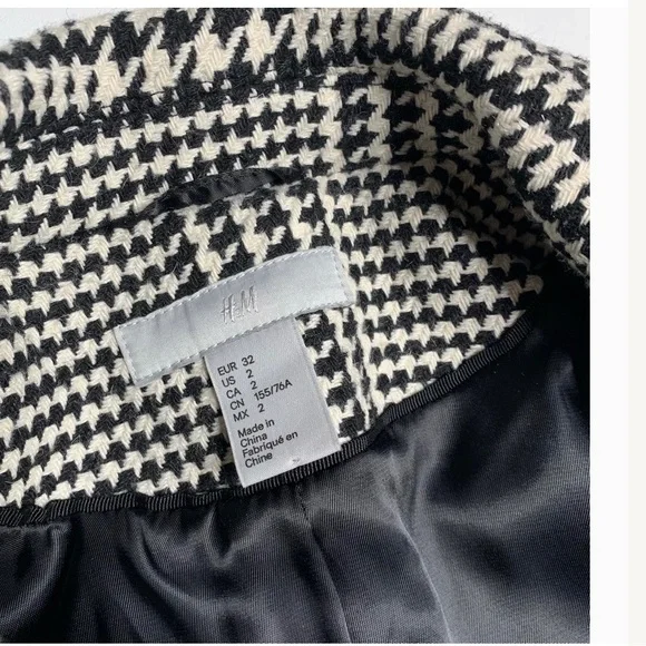 H&M Coat Long Classic & Chic Wool Black White Houndstooth NWOT Sz 2 XS S - Picture 3 of 11